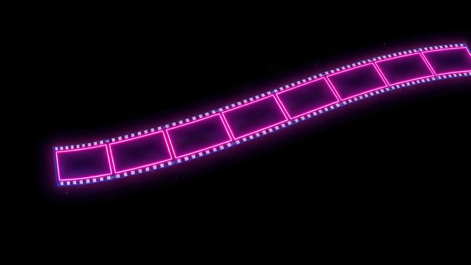 A glowing magenta film strip curving diagonally across a near-black ground