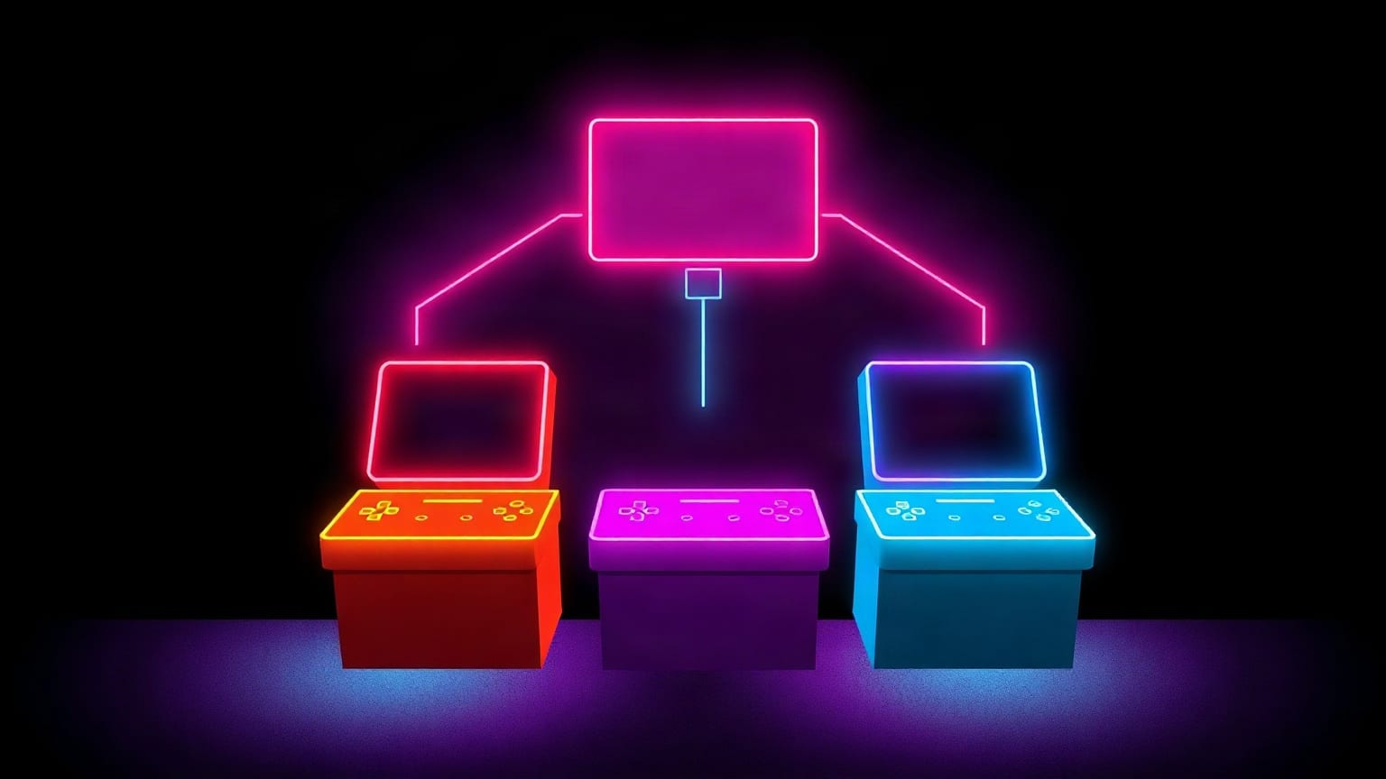 Three neon consoles in orange, violet and cyan, each with a small screen, joined by glowing lines to one shared screen above them