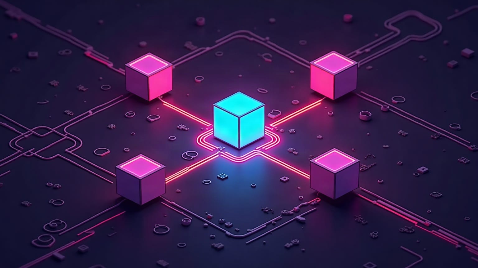 Glowing cubes on a dark circuit-board grid, four magenta and one cyan at the centre, linked by thin neon traces