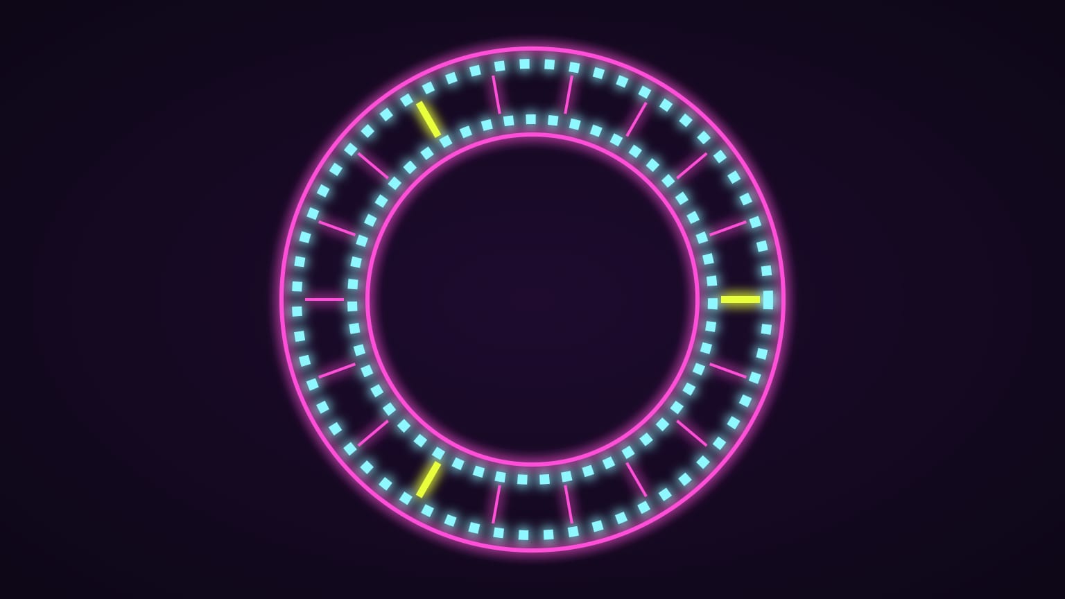 A neon film loop seen from above: a magenta ring with cyan sprocket holes, its joins marked by three yellow ticks