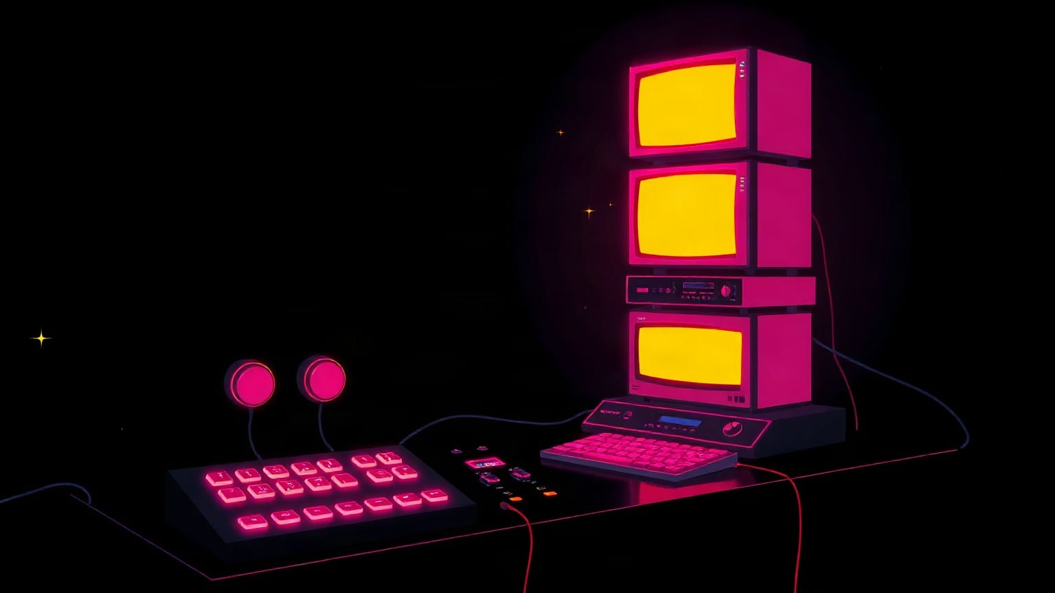 A stack of magenta monitors with yellow screens, wired to a keypad and a small control panel with two round dials