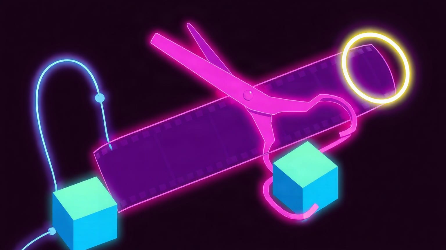 Neon scissors cutting through a magenta film strip, with two cyan cubes on a looping cable and a yellow ring beside it
