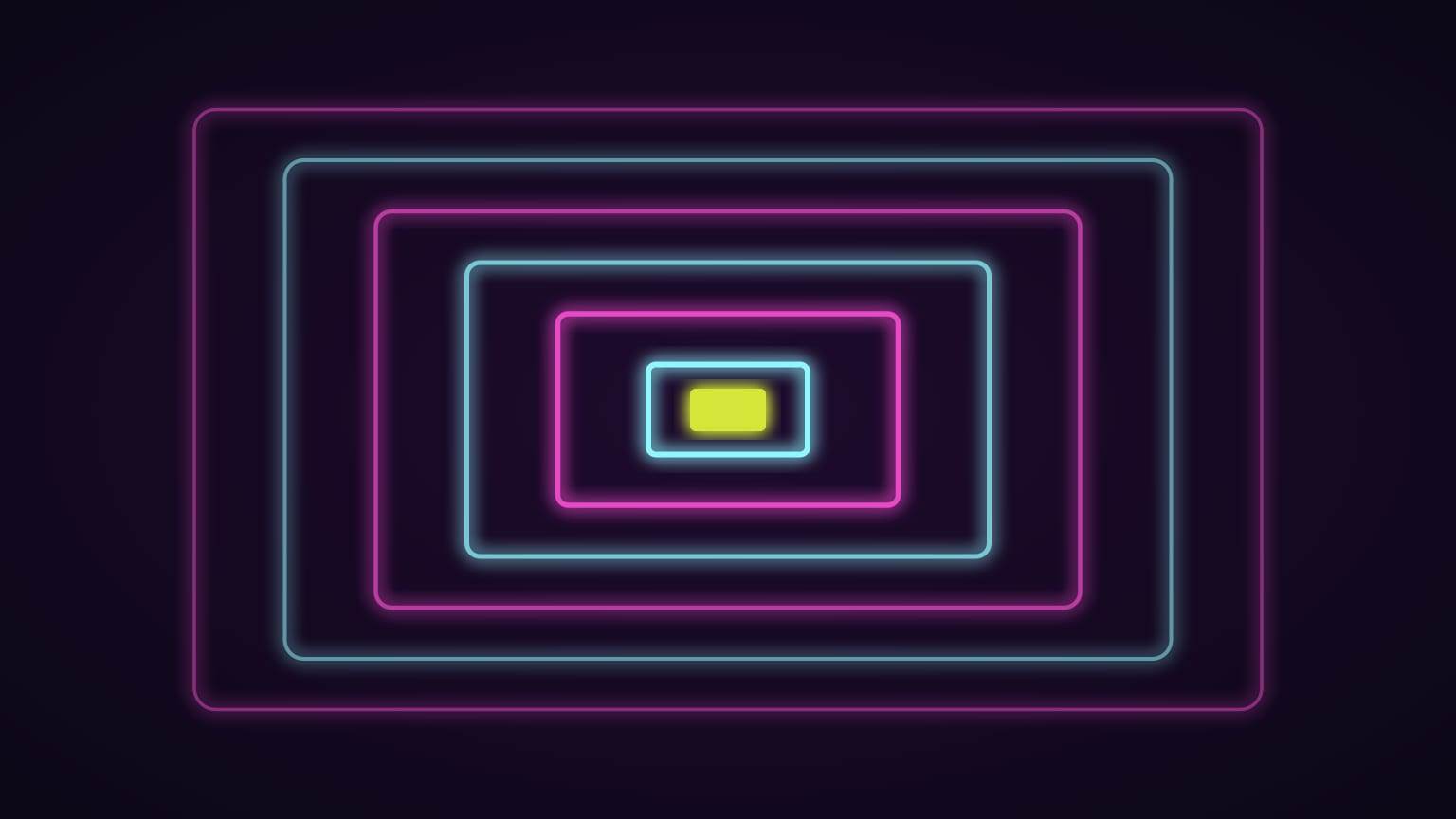Neon rectangles nested one inside another in alternating cyan and magenta, around a small yellow rectangle at the centre