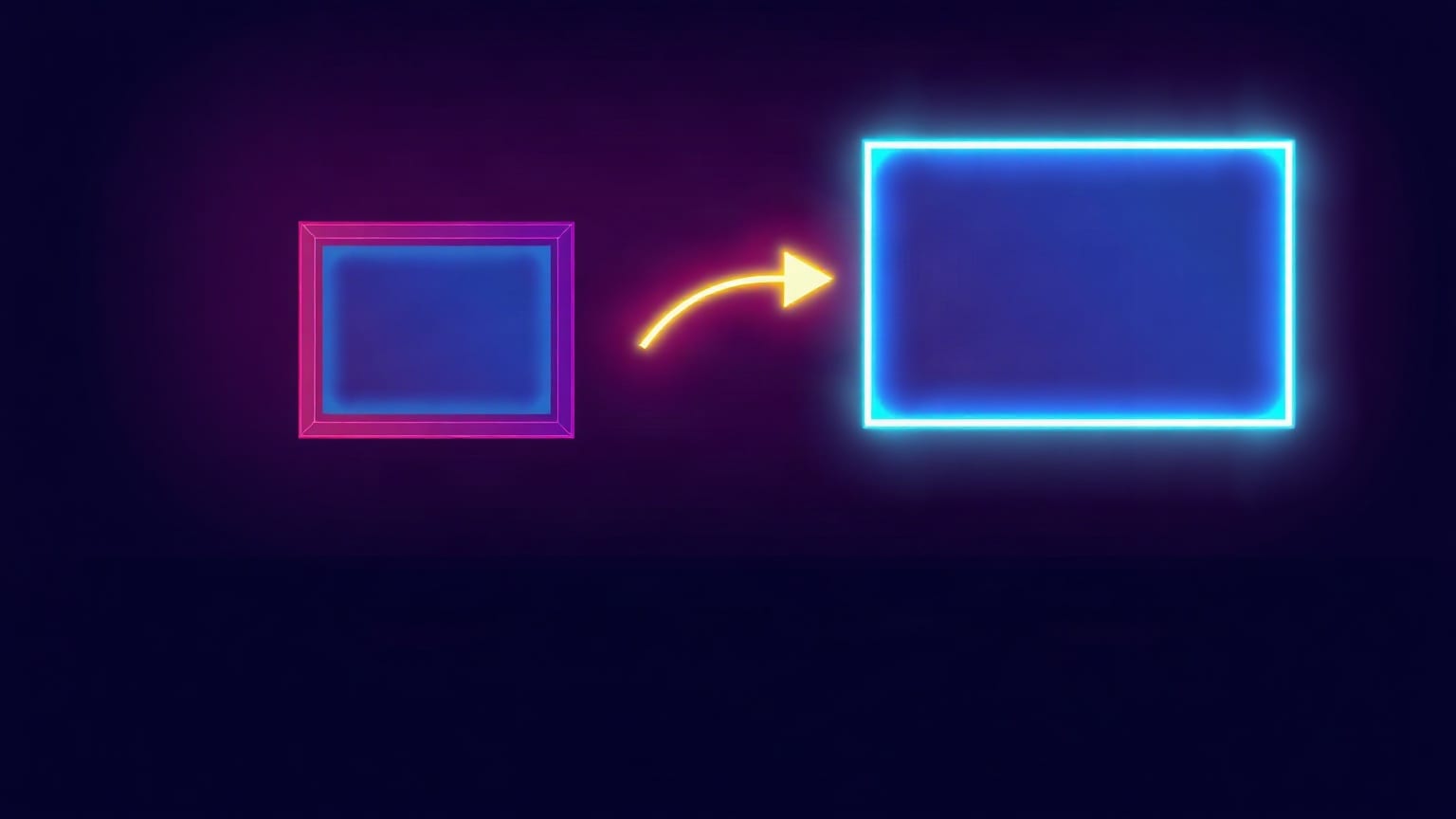 A small magenta frame and a larger glowing cyan frame side by side, a yellow arrow curving from the first to the second