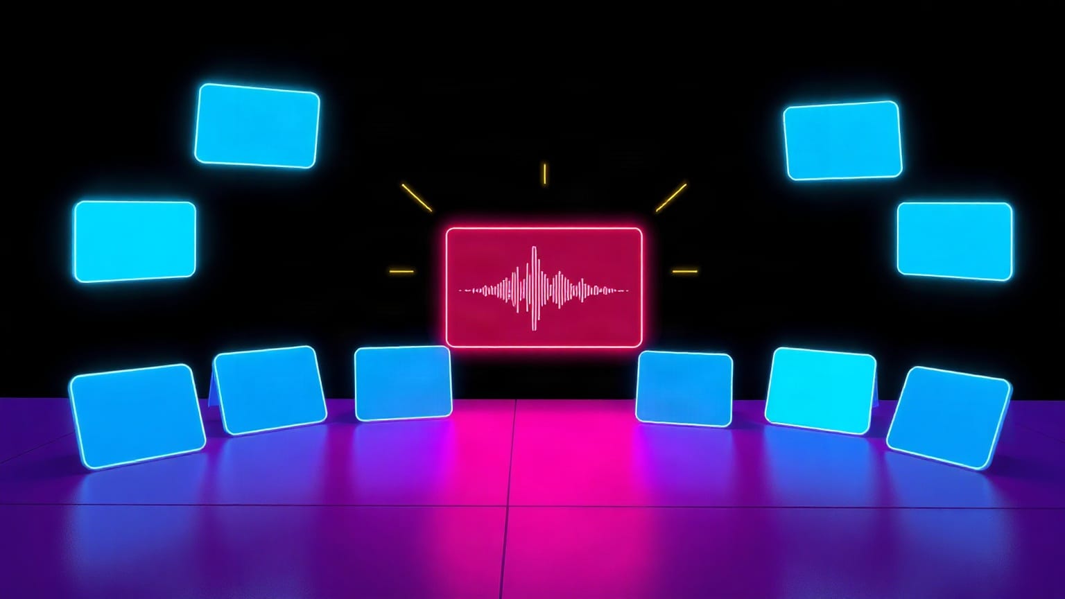 Glowing cyan cards arranged in an arc around a magenta card showing a sound wave, on a reflective violet floor