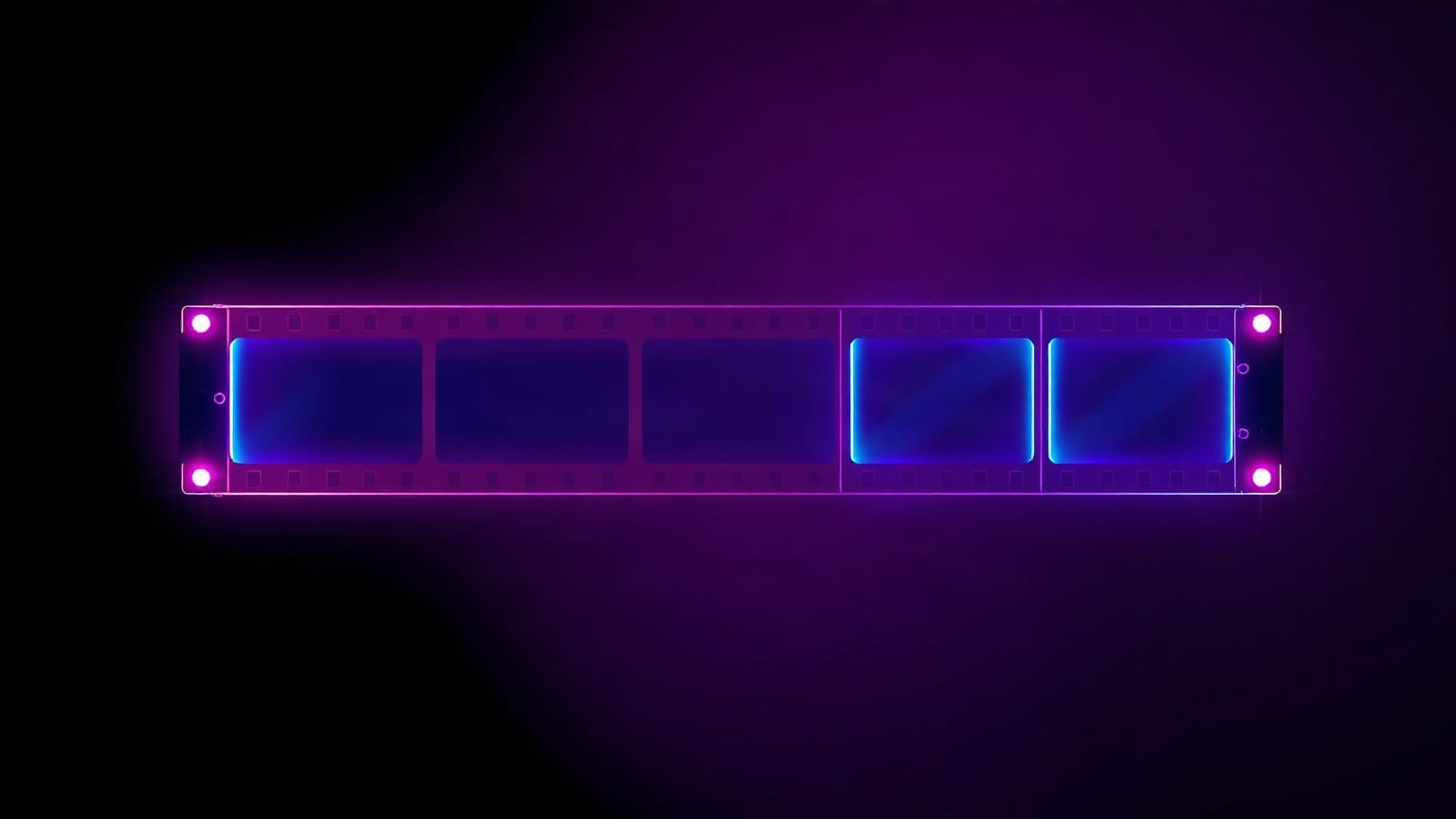 A neon film strip stretched across a dark violet ground, held at its corners by four glowing pins