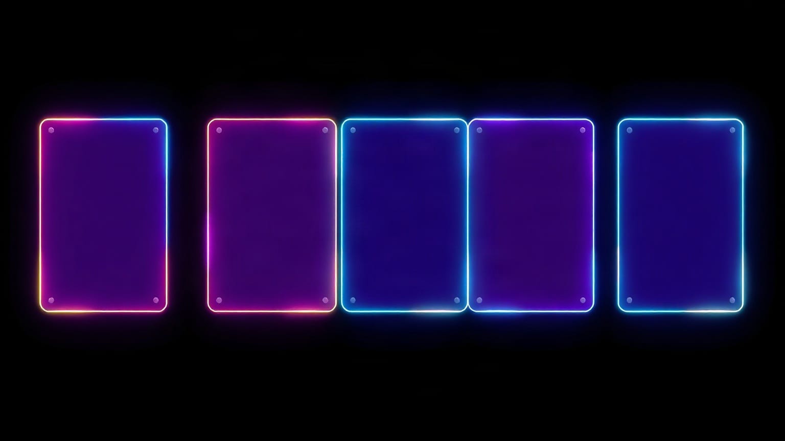 Five tall blank panels in a row, outlined in magenta and blue neon on a dark ground