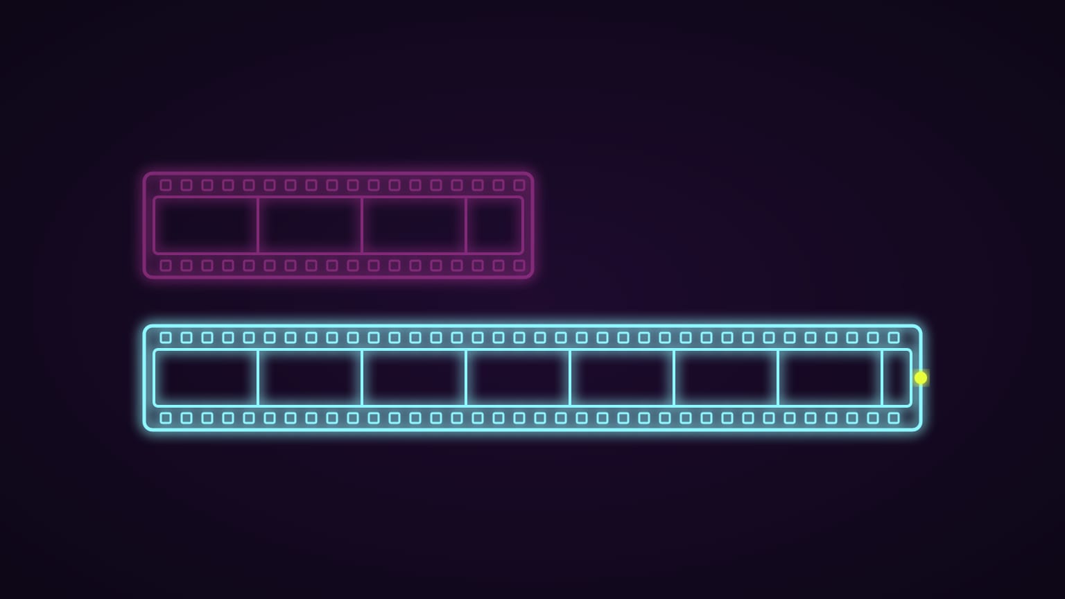 Two neon film strips, one above the other: a short, dim magenta strip and below it a bright cyan strip twice its length