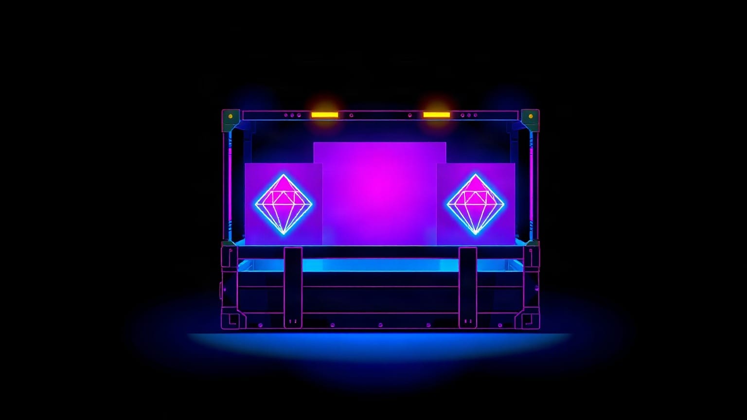 An open crate with a glowing violet screen rising out of it, between two panels each showing a neon diamond