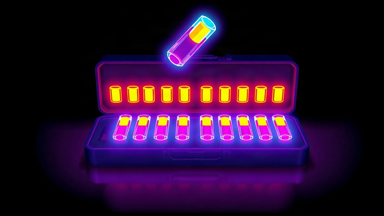 An open case holding two rows of glowing yellow and magenta cartridges, with one cartridge lifted out above the rest