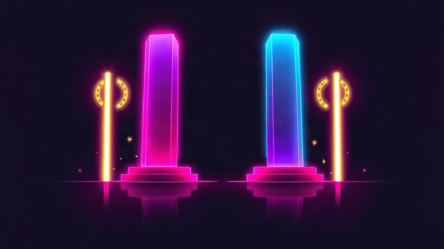 Two glowing monoliths side by side, one magenta and one cyan, each flanked by a thin yellow light post