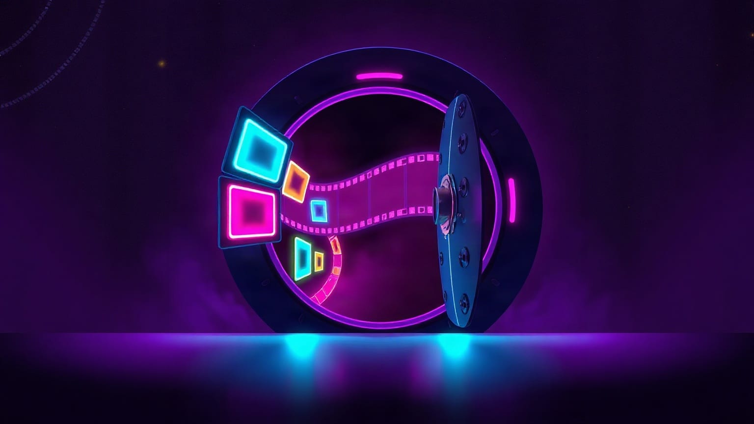 A round vault door swung open, with glowing film frames and a strip of film streaming out through it