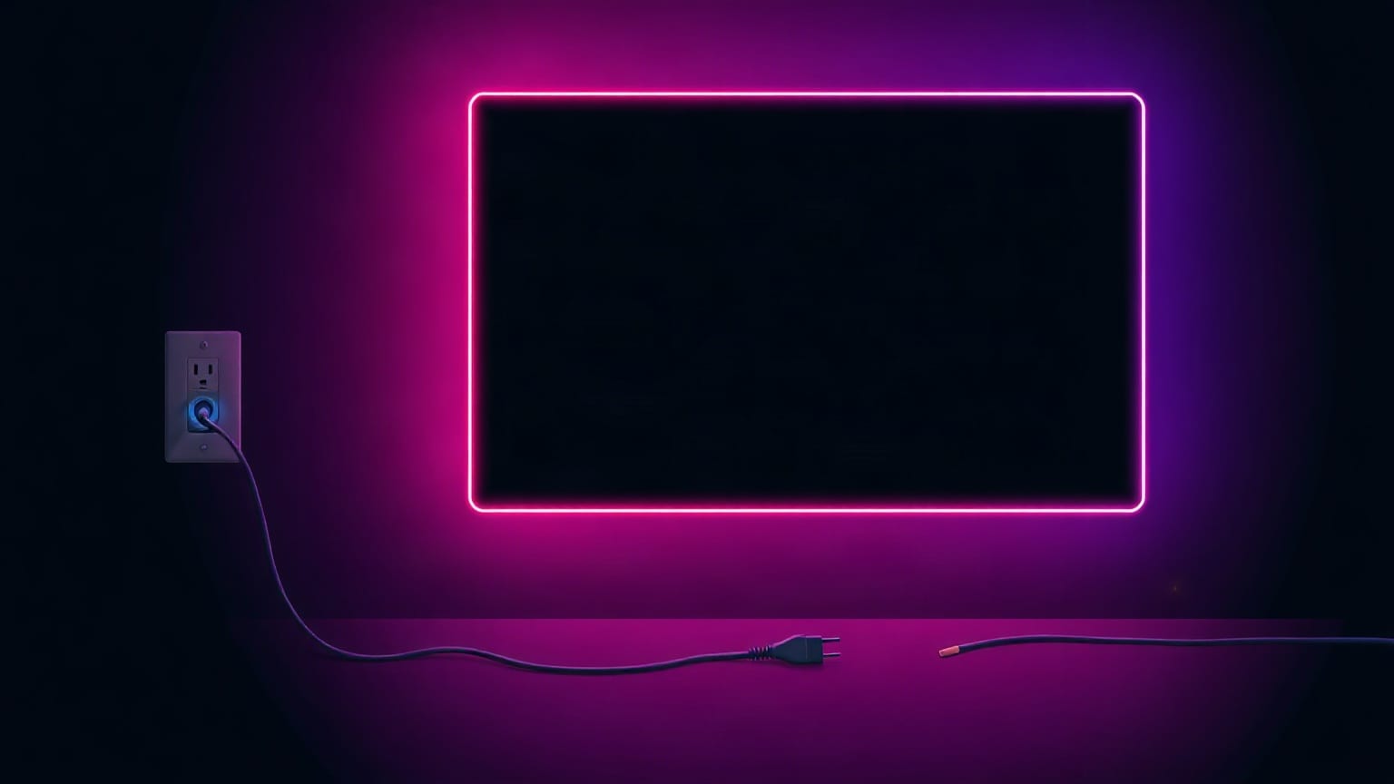 A dark screen framed in magenta neon, with a cable running from a wall socket to a loose plug on the floor